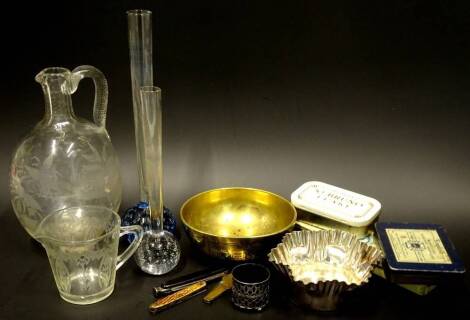 Various collectors items, to include a Victorian leaf engraved spirit flask, an oriental brass bowl etc.