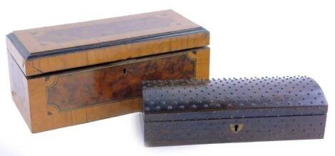 An Edwardian satinwood and burr veneered and glove box, 28cm W, and a Victorian rosewood glove box with hammered steel studded decoration, 25cm W.