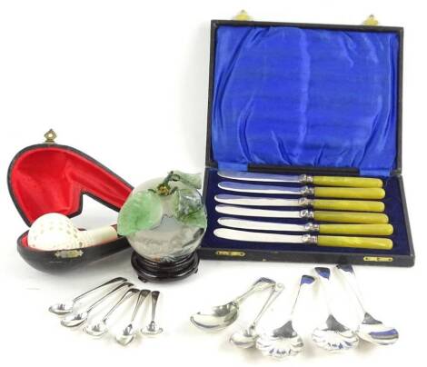 Miscellaneous items, to include a carved Meerschaum pipe, silver plated spoons, to include caddy spoons, set of six dessert knives, and an oriental reverse painted glass apple.