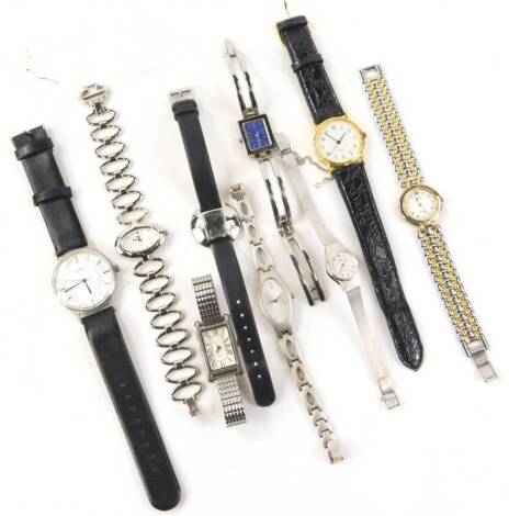 Various modern wristwatches, to include a Quartz gent's wristwatch, a Pulsar stainless steel lady's wristwatch, boxed, Pilgrim lady's wristwatch, boxed, four loose stainless steel modern ladies wristwatches etc., one in Dawson with box. (a quantity)