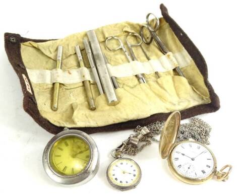 Various watches, jewellery and trinkets, to include a gold plated pocket watch, a silver fob watch, with bow brooch attachment and silver plated chain, a silver pocket watch (AF lacking glass), and a part field surgeons kit (a quantity).