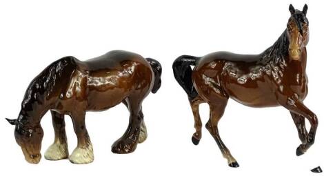 A Beswick ceramic model of a brown Shire horse, and a model of a galloping brown horse. (2)