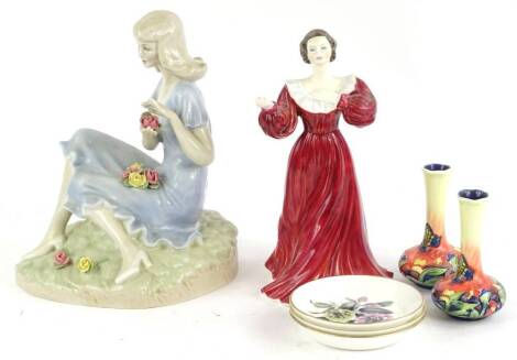 Miscellaneous ceramics, to include a Coalport figure of Caroline, a Royal Doulton Reflections figure Summer Rose, a pair of Tupton vases, and three Royal Worcester pin trays.