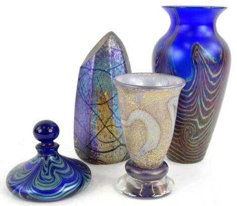 Four items of late 19thC/ early 20thC iridescent glass, to include an Isle of Wight centenary vase, an Okra scent bottle, a similar vase with trailed decoration, and a paperweight engraved DJ 2001.