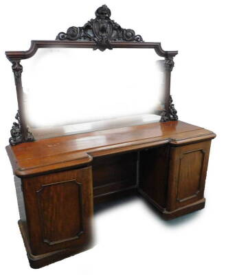 A Victorian mahogany pedestal sideboard, the mirror back with pierced scroll crest, the inverted break front base with a moulded edge above an arrangement of drawers on a plinth, 213cm W.