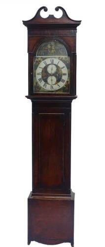 An early 19thC Scottish longcase clock, by Nielson Love, Anderston, the arched dial painted with a battle scene of the Duke of Wellington at Waterloo and titled to the centre of the dial Lammie of Glasgow, with spandels painted with emblems of the contine