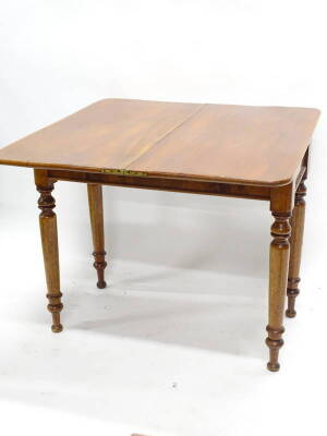 An early Victorian mahogany tea table, the rectangular top with rounded corners to the front, on turned tapering legs, 92cm W. - 3