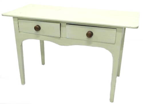 A 19thC pine dairy type side table, with a plank top above two frieze drawers, on square tapering legs, later painted, 128cm W.