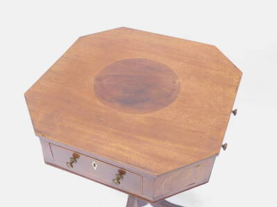 A 19thC mahogany occasional table, the square top with a central circular inlay, canted corners and four drawers on a turned column, and reeded tripod base, 76cm H, 52cm W. - 2