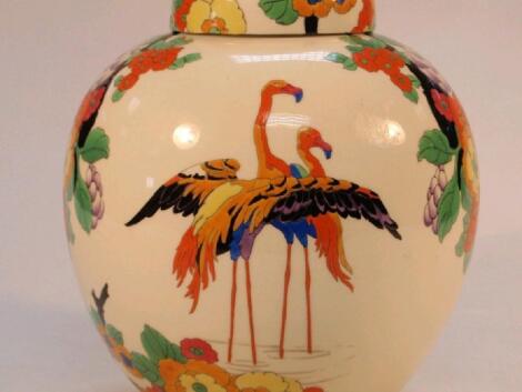 A Royal Doulton ovoid jar with polychrome decoration of flamingos and sprays