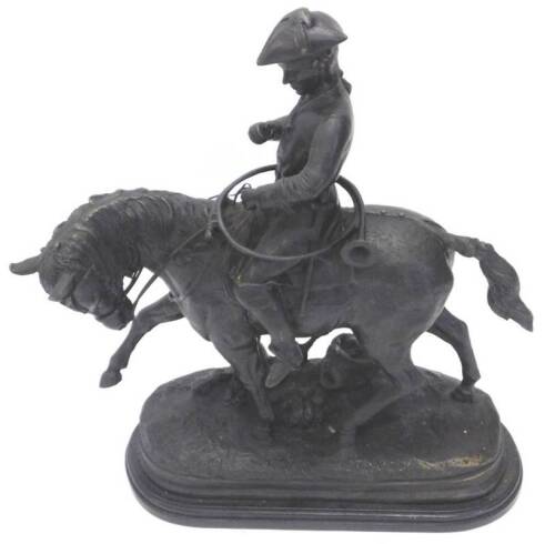 After Antoine Barye. Huntsman with his horn on horseback, on a shaped base, patinated bronze, with black marble plinth, 55cm W.