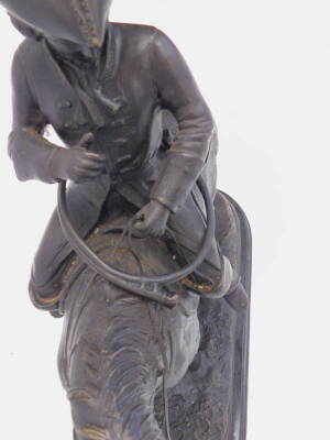 After Antoine Barye. Huntsman with his horn on horseback, on a shaped base, patinated bronze, with black marble plinth, 55cm W. - 2