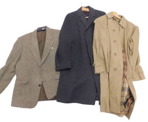 A Harris tweed gentleman's jacket, a Gill at the pond Watford overcoat and a Burberry Mac. (3)