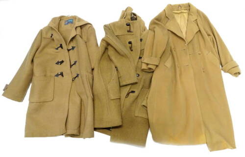 A gentleman's camel coloured coat, and a Rays Pond duffel coat and another. (3)