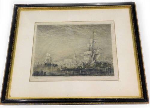 19thC School. Venice, shipping, etc., signed in pencil and pen to margin, monochrome engraving, 38cm x 50cm.