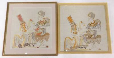 Two embroidered pictures, each depicting Egyptian Pharoah and his queen, 53cm x 52cm.