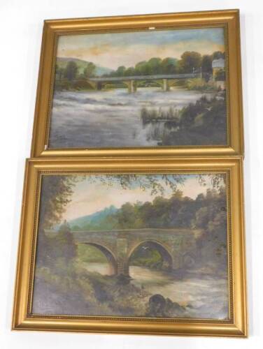 T.H; River bridges, oil on board, a pair, 29cm x 39cm.