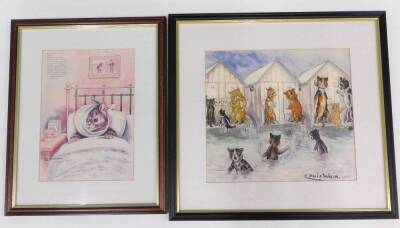 After Louis Wain. Cats in swimming baths, coloured print, 26cm x 27cm, and a similar print of a cat in bed. (2)