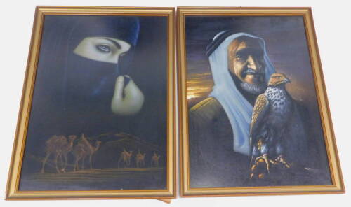 Middle Eastern School. Arab figure with hawk and portrait of a lady beside camels, pastel, a pair, 71cm x 50cm.