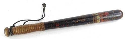 A Victorian ebonised truncheon, painted with cypher and with a shaped handle, 44cm L.