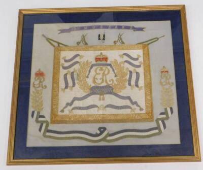 A 13th Hussars Boer War embroidered silk, decorated with various battle honours, and with the Royal cypher ER etc., 48cm x 54cm.