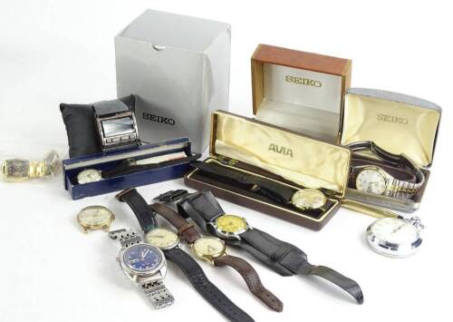 A quantity of wristwatches and pocket watches, to include a Felea gents wristwatch, a Seiko gent's watch, a Smiths silver plated pocket watch, a modern Ben Sherman watch, boxed, Cross and Duke pens, Avia gents wristwatch, various other Seiko watches etc.