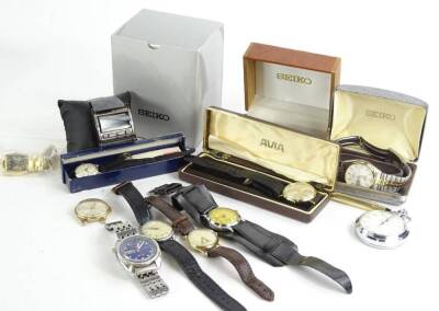 A quantity of wristwatches and pocket watches, to include a Felea gents wristwatch, a Seiko gent's watch, a Smiths silver plated pocket watch, a modern Ben Sherman watch, boxed, Cross and Duke pens, Avia gents wristwatch, various other Seiko watches etc.