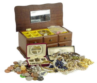 A quantity of costume jewellery, coins etc., to include a gold plated bracelet, necklace, silver locket and chain, silver bangle, lattice style necklace, various other necklaces etc. (a quantity)