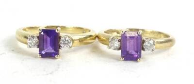 Two 9ct gold dress rings, each set with amethyst and cz stone shoulders, 5.2g all in.