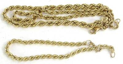 A matched necklace and bracelet set, the rope twist 9ct gold necklace, 6.4g, and a similar style bracelet, 2.4g. (2)