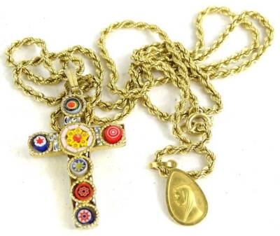 A 18ct gold fancy link chain, with an 18ct gold religious pendant and silver plated heart cross, 14g all in.