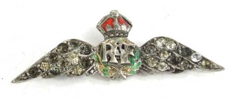 A silver RAF brooch, set with paste stone set wings and enamel design, (AF), some stones missing and loss to enamel, 7.5g W, 4.3g.