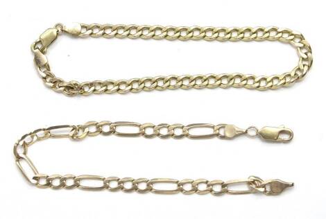 Two 9ct gold bracelets, to include a 9ct gold curb link bracelet, and a 9ct gold Figaro chain bracelet, 7.3g all in.