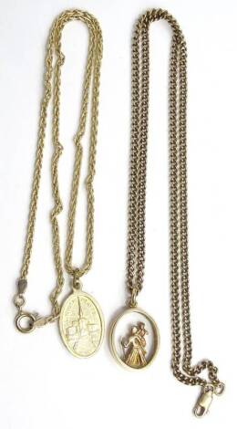 Two 9ct gold pendant and chains, comprising a 9ct gold Venetian chain, with a gold plated pendant, 7.2g, and a 9ct gold curb link chain with a yellow metal pendant, unmarked, 15.1g. (2)