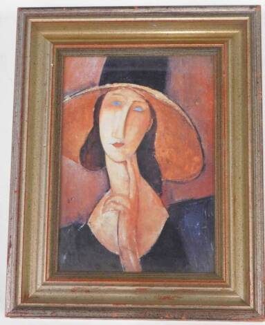 After Modigliani. Portrait of a lady, coloured print, 25cm x 18cm.