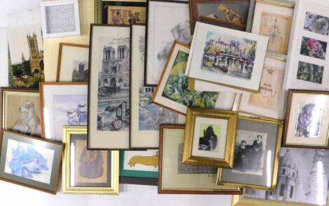 A quantity of pictures and prints, to include a Victorian photograph, a print after Efamer, titled Sausage Dog etc.