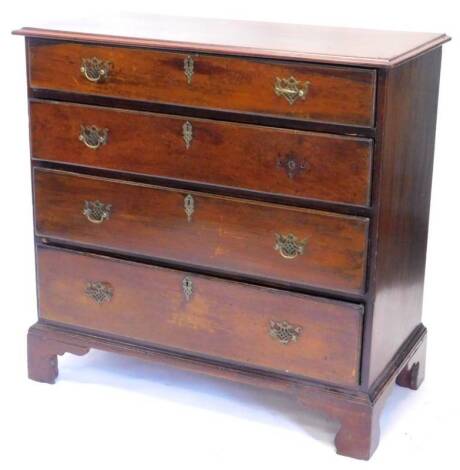 A George III mahogany chest of drawers, the top with a moulded edge above four graduated drawers, with later brass drop handles and bracket feet, 94cm W.