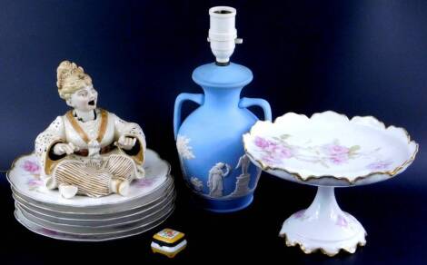 Miscellaneous ceramics, to include a Dudson jasperware lamp base, a German porcelain nodding oriental figure and a Limoges part dessert service. (AF)