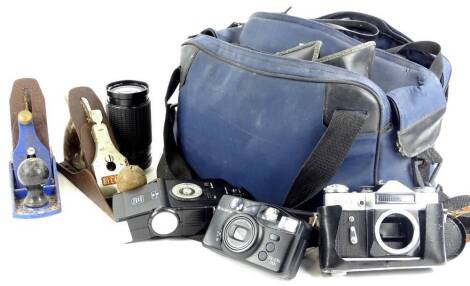 Miscellaneous cameras and camera equipment, to include a Sigma lens and two Record metal planes etc.