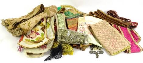 Miscellaneous textiles, to include a metallic embroidered bell pull, wool work example tassels, fragments, lace cloth etc.