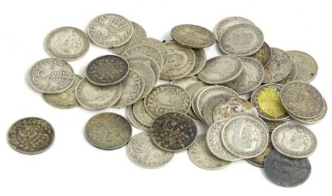 Fifty various pre 1920 threepence coins, 67g.