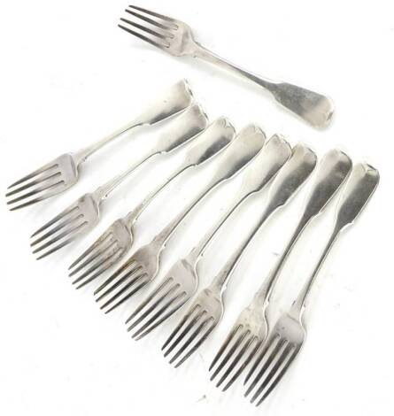 An associated set of nine 19thC fiddle pattern silver dessert forks, 12oz.