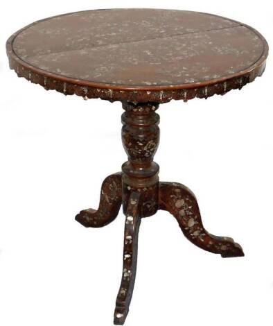 A 19thC Chinese rosewood centre table, with mother of pearl and abalone shell, silver wire inlays to the circular top, with drop frieze, birdcage pillar with baluster turnings and three outsplay legs, 84cm W.