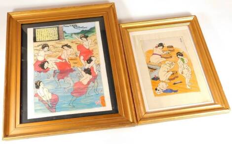 Two Japanese woodblock prints, with later hand colouring. (2)