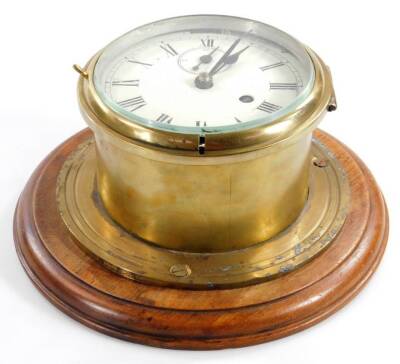 A principally 19thC brass bulkhead fusee ship's clock, with 14cm Dia. Roman numeric dial, with subsidiary Arabic second hand and keywind movement, in a plain circular case, on a mahogany backing, 28cm Dia. - 2