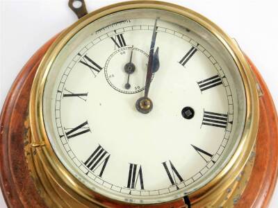 A principally 19thC brass bulkhead fusee ship's clock, with 14cm Dia. Roman numeric dial, with subsidiary Arabic second hand and keywind movement, in a plain circular case, on a mahogany backing, 28cm Dia. - 3