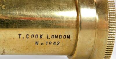 An early 20thC brass four draw telescope, marked T Cook, London no. 1842, with removable lens, when open 86cm W. - 4