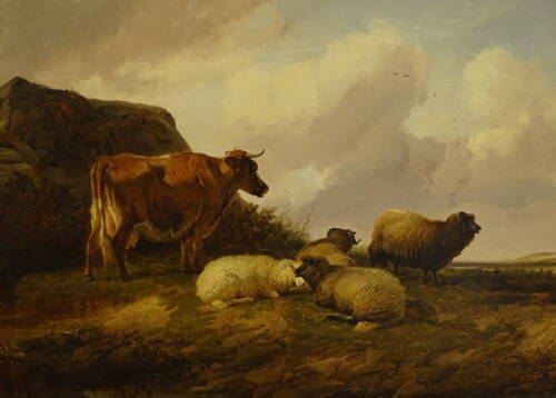 Thomas Sidney Cooper (1803-1902). Sheep and cattle in pasture landscape, oil on board, signed, 43.5cm x 59cm.