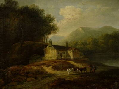 19thC British School. River landscape driving cattle, oil on canvas, 23.5cm x 32cm.