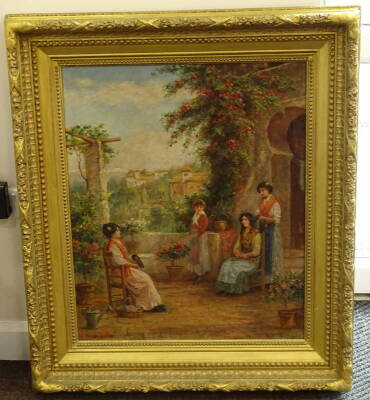 Andrew Trevor Haddon (1864-1941). Spanish terrace with ladies, oil on canvas, signed, 73.5cm x 61cm. - 2